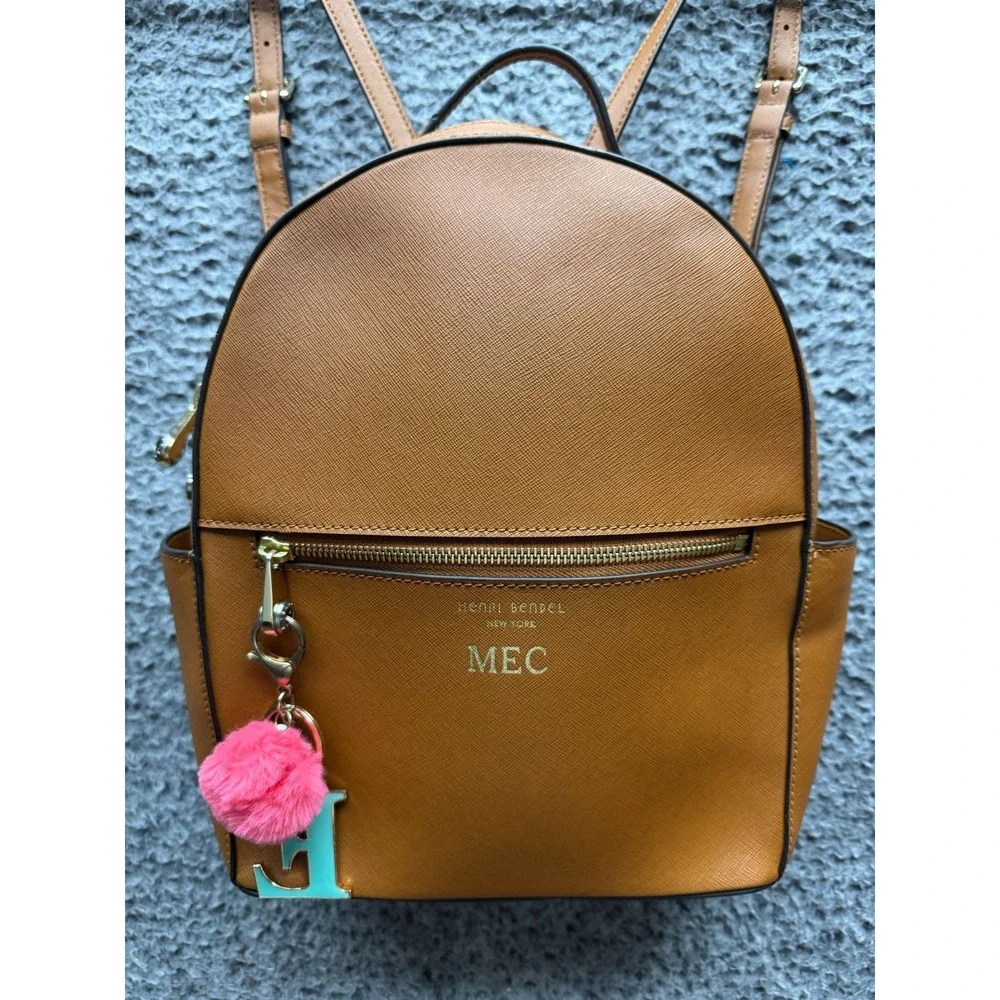 Henri Bendel Leather 57th School & Work Backpack Bag‎ Brown w/ Keychains